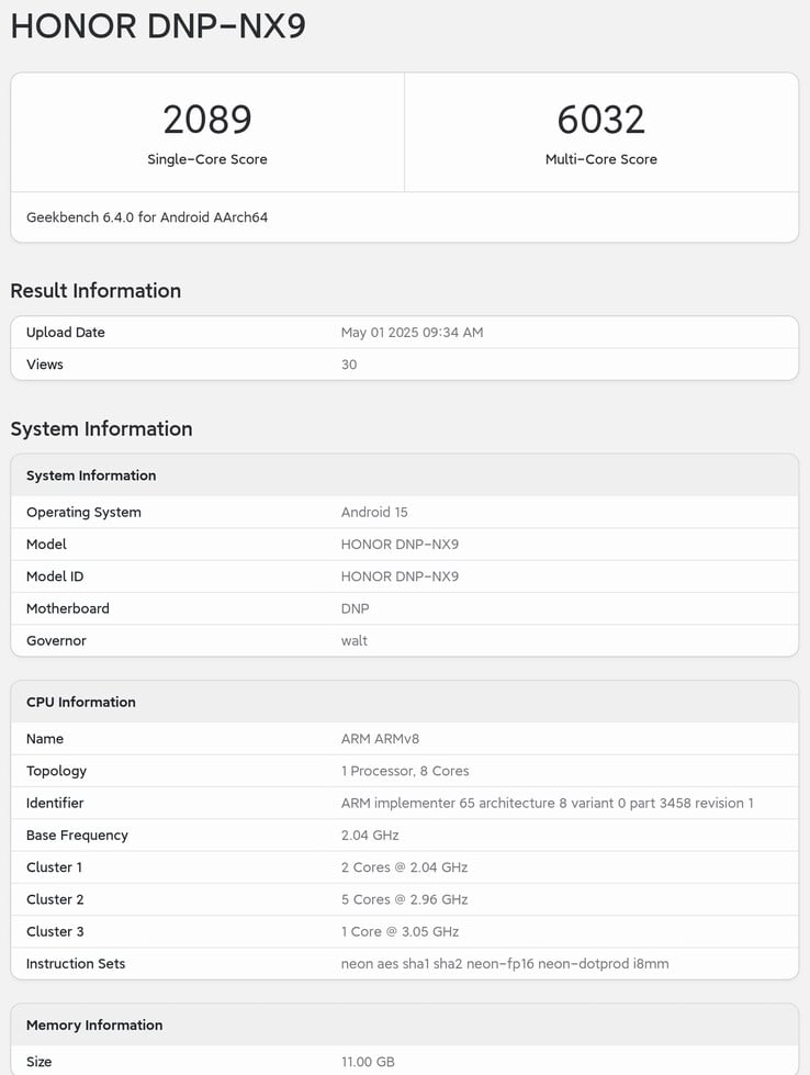 Le "Honor 400 Pro " sur Geekbench.  (Source : Geekbench via Digital Chat Station)