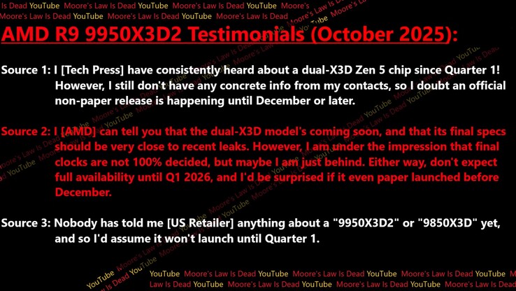 Fuite de la date de sortie de l'AMD Ryzen 9 9950X3D2. (Source de l'image : Moore's Law Is Dead)
