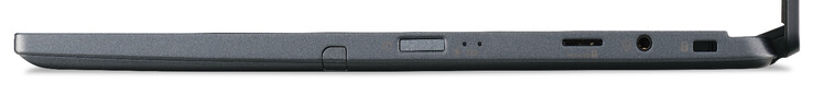 Côté droit : Bouton d'alimentation/ scanner d'empreintes digitales, lecteur de carte mémoire (microSD), combo audio, emplacement pour câble de verrouillage