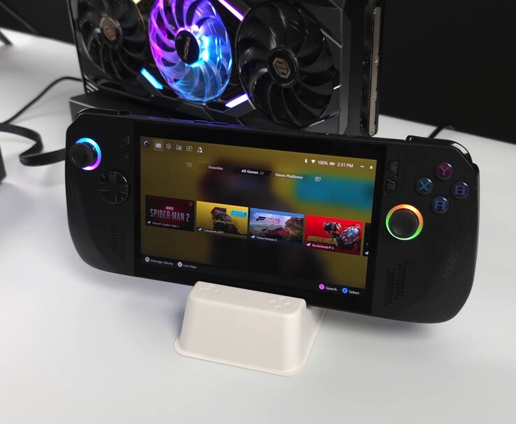 L'ordinateur de poche Asus ROG Ally X connecté à une AMD Radeon RX 9070 XT dans un dock eGPU Oculink externe, affichant sur son écran des jeux tels que Spider-Man 2, Cyberpunk 2077, Forza Horizon 5 et Borderlands 4 (Source de l'image : ETA PRIME via YouTube)