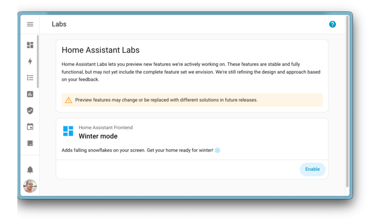 Capture d'écran de la nouvelle zone Labs de Home Assistant. (Source de l'image : Home Assistant)