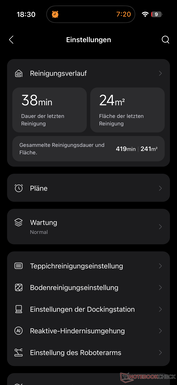 Menu avec de nombreuses options de réglage