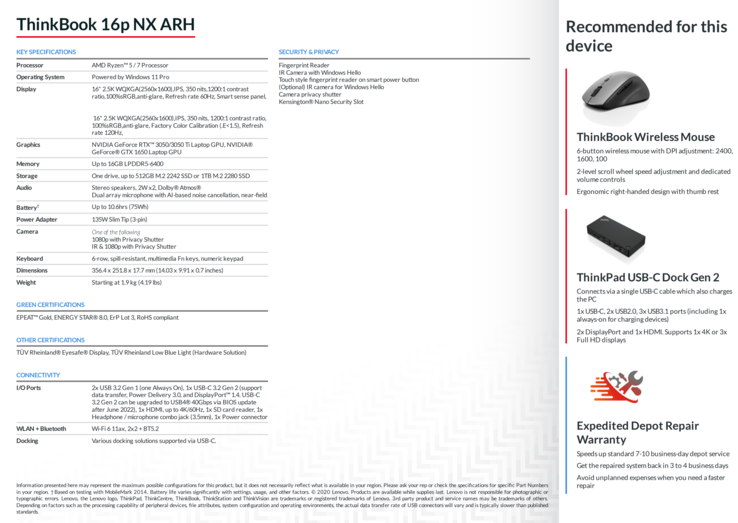 Lenovo ThinkBook 16p NX spécifications