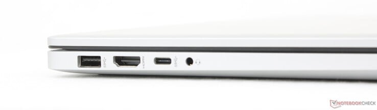 À gauche : USB-A (5 Gbps), HDMI 1.4b, USB-C (10 Gbps) avec DisplayPort 1.4 + Power Delivery 3.1, casque 3,5 mm