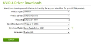 GT 1010 indiqué sur la page de téléchargement des pilotes NVIDIA. (Source : NVIDIA)