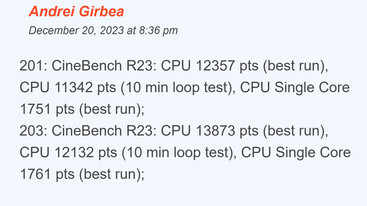 Résultats du benchmark Cinebench R23 avant (201) et après (203) la mise à jour du BIOS (Image source : UltrabookReview)