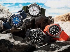 Quatre montres de plongée Citizen Promaster Marine, déclinées en blanc, noir, bleu et orange, sont exposées sur des rochers au bord de la mer.