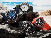 Quatre montres de plongée Citizen Promaster Marine, déclinées en blanc, noir, bleu et orange, sont exposées sur des rochers au bord de la mer.