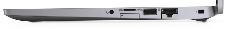 Côté droit : prise jack, lecteur de carte SIM, lecteur de carte (micro SD), USB A 3.2 Gen 1, Ethernet gigabit, verrou de sécurité.