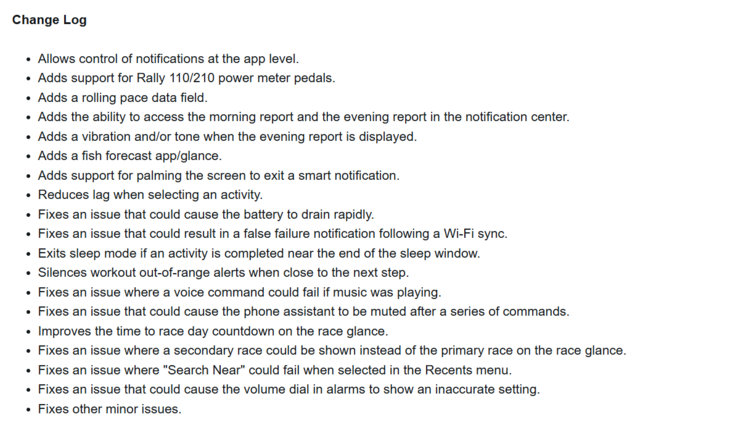 Les notes de mise à jour de la version bêta 15.05 pour les smartwatches Garmin Forerunner 570 et Forerunner 970. (Source de l'image : Garmin)