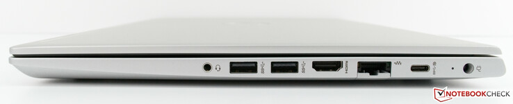 Côté gauche : combo audio, 2 USB 3, HDMI 1.4b, RJ45, USB C 3.1 Gen 1 avec charge et DisplayPort, entrée secteur.
