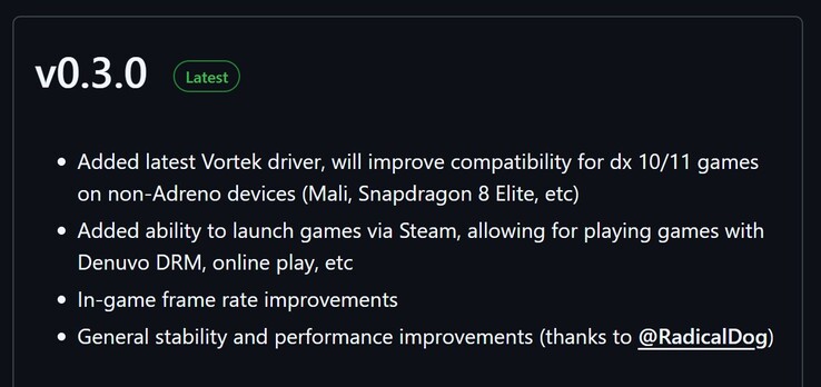 Changelog de la nouvelle mise à jour (Image source : GitHub)