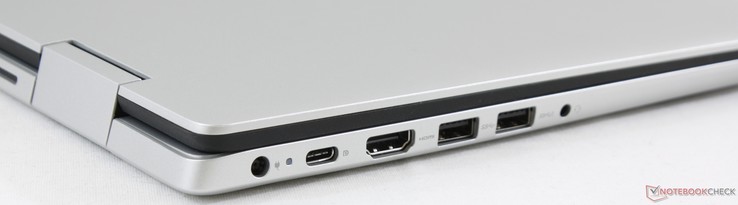 Côté gauche : entrée secteur, USB C Gen. 1 (avec DisplayPort et charge), HDMI 1.4b, 2 USB 3.1 Gen. 1, combo audio 3,5 mm.