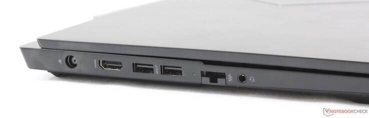 Côté gauche : entrée secteur, HDMI 2.0, 2 USB A 3.1, Gigabit RJ-45, combo audio 3,5 mm.