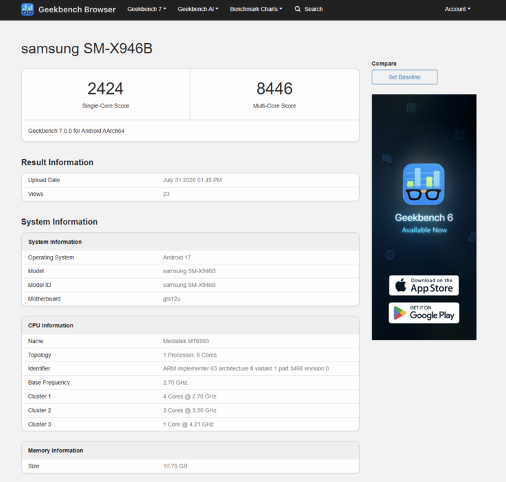 Le processeur MediaTek Dimensity 9500 intégré affiche un score de 2 424 lors des tests monocœur et de 8 446 lors des tests multicœurs, avec 12 Go de RAM sur l'appareil testé.