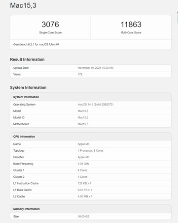 Apple M3 dans un test Geekbench 6.2. (Source : Geekbench)