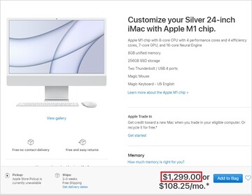 L'iMac 2021 le moins cher avec un GPU à 7 cœurs. (Image source : Apple)