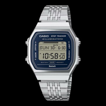 Casio ABL-100WE-2A avec un cadran bleu marine et un boîtier argenté.