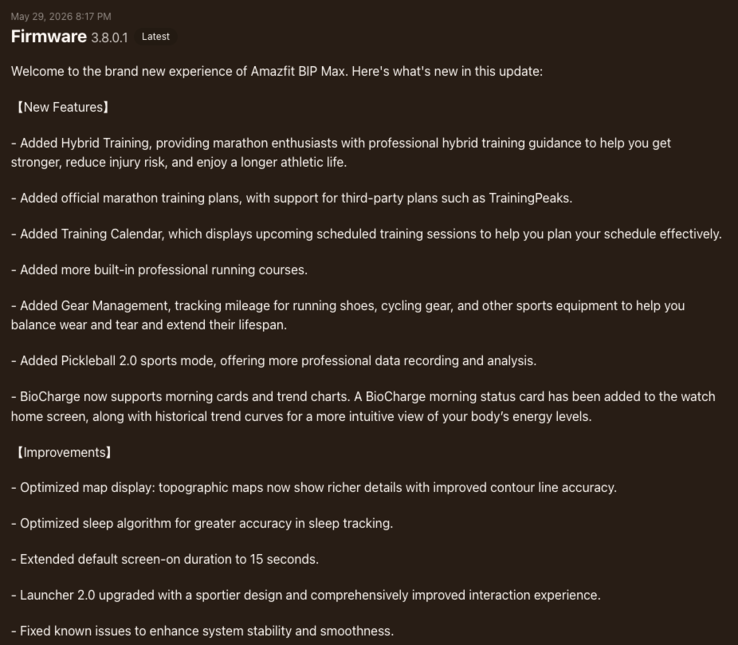 Les notes de version pour Amazfit Bip Max fw 3.8.0.1
