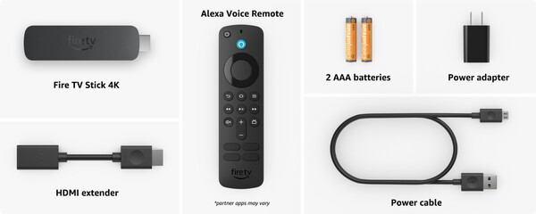 Les trois clés de streaming sont livrées avec un prolongateur HDMI, un adaptateur d'alimentation et des piles pour la télécommande. (Source de l'image : Amazon)