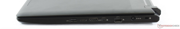 Côté droit : USB 3.0, Thunderbolt 3, HDMI 2.0b, mDP 1.4, Ethernet Gigabit, entrée secteur, verrou Kensington.