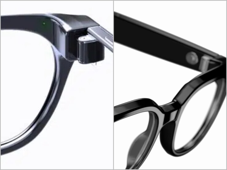 Voyant LED à l'intérieur de la monture (à gauche) et gros plan sur les lunettes « Galaxy » de Warby Parker. 
