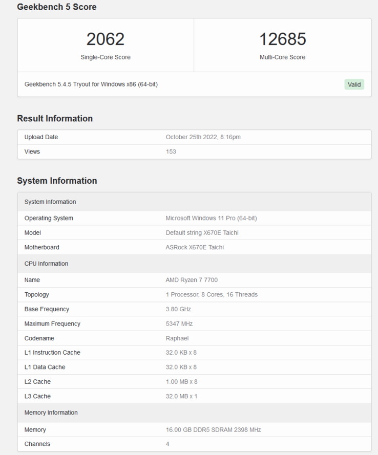 Liste Geekbench des AMD Ryzen 7 7700 (image via Geekbench)