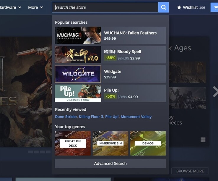 La nouvelle fonction de recherche affiche désormais les requêtes les plus populaires des autres utilisateurs. (Source de l'image : Steam)