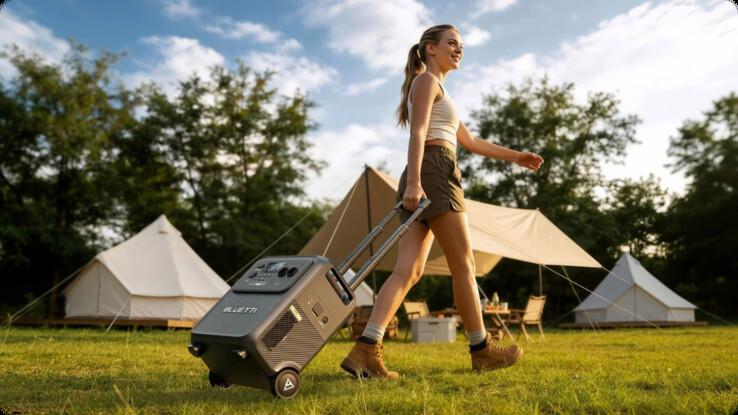 La poignée télescopique et les roues facilitent le transport du Bluetti Elite 400.