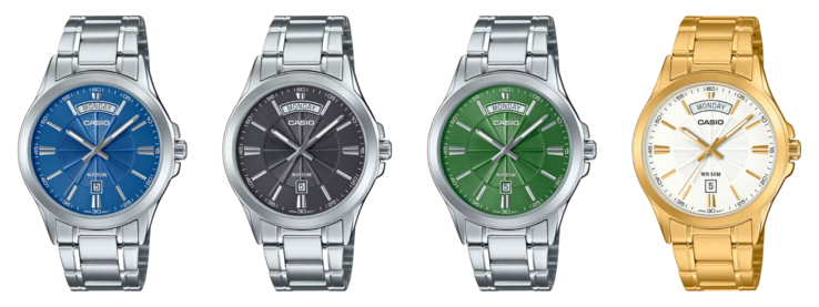 De gauche à droite : Casio MTP-1381D-2AV, MTP-1381D-3AV, MTP-1381D-8AV et MTP-1381GD-7AV. (Source de l'image : Casio)