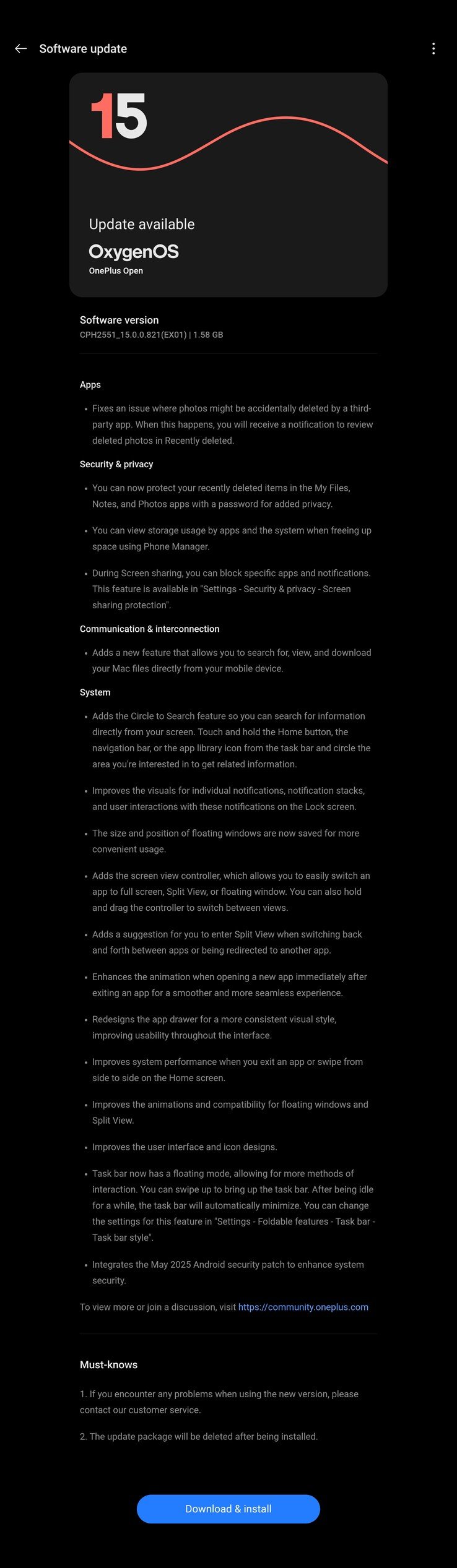 Le changelog complet de l'OxygenOS 15.0.0.821. (Source : OnePlus)