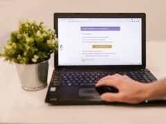 Un ordinateur portable posé sur un bureau, affichant une boîte de réception ouverte, avec une plante en pot à côté.