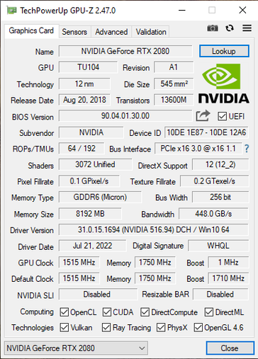 Profil matériel de la GTX 2080. (Source : ascandence22 sur Reddit)