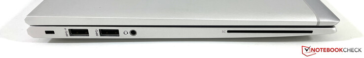 A gauche : Verrouillage Kensington, 2x USB-A 3.2 Gen 1, prise audio 3,5 mm, lecteur de carte à puce