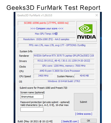 51Risc RTX 3070 TiM GPU - Rapport de test FurMark. (Image Source : Aliexpress)