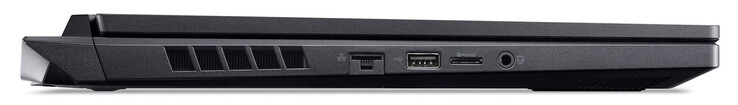 Côté gauche : Ethernet Gigabit, USB 2.0 (USB-A), lecteur de carte mémoire (MicroSD), prise audio combo