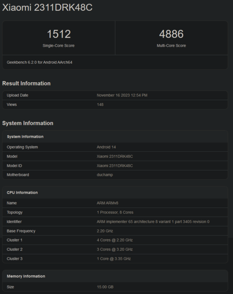 Score Geekbench du Dimensity 8300 (image via Geekbench)