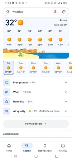 Interface météo de Google Search (ancienne/actuelle)