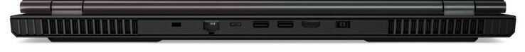 A l'arrière : verrou de sécurité, Ethernet gigabit, USB C 3.2 Gen 1 (DisplayPort), 2 USB A 3.2 Gen 1, HDMI 2.0, entrée secteur.