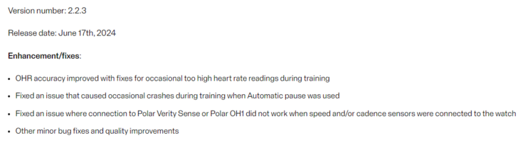 Les notes de mise à jour de la version 2.2.3 du micrologiciel. (Source de l'image : Polar)