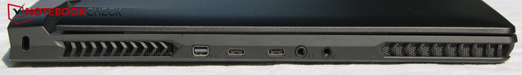 Côté gauche : verrou Kensington, Mini DisplayPort, Thunderbolt 3, USB C 3.1 Gen 2, écouteurs, microphone.
