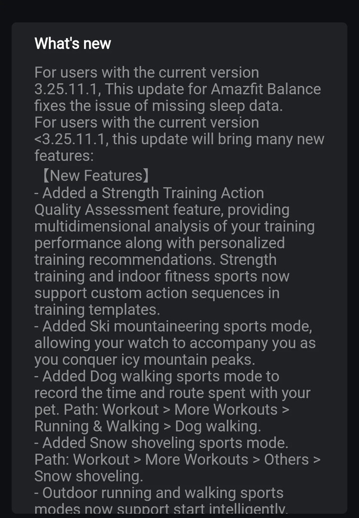 Le journal des modifications de la version 3.25.12.3 du logiciel de la smartwatch Amazfit Balance. (Source de l'image : u/SabretoothPenguin via Reddit)