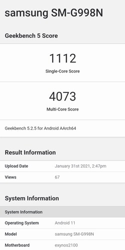 Exynos 2100 franchissant la barrière des 4000 points multi-core (Image Source : Geekbench)