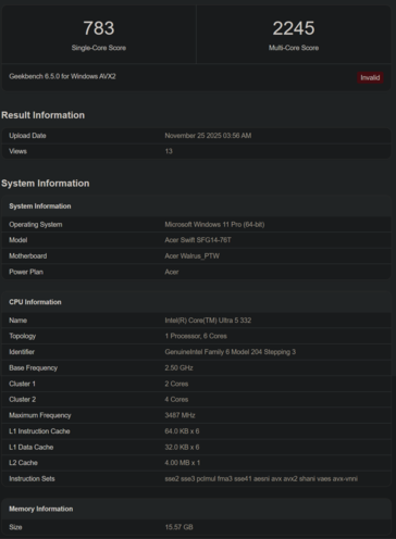 Intel Core Ultra 5 332 Geekbench listing (source d'image : Geekbench)