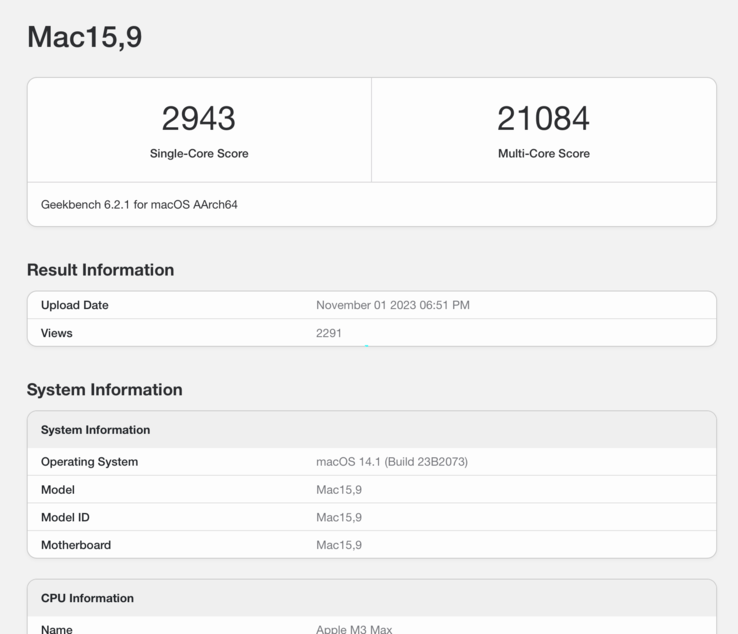 Applele M3 Max de M. K. S. se comporte admirablement bien dans le test de Geekbench 6. (Source : Geekbench 6)