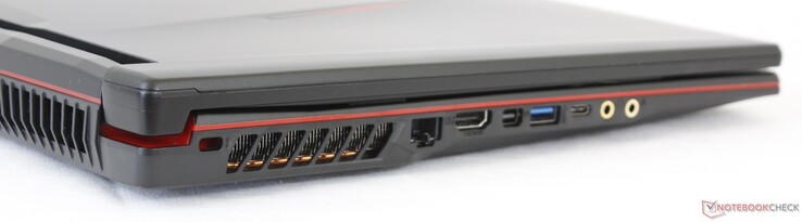 Côté gauche : verrou de sécurité Kensington, RJ-45, HDMI 1.4, mini DisplayPort 1.2, USB A 3.1, USB C 3.1 Gen. 1, prise écouteurs 3,5 mm, micro 3,5 mm.