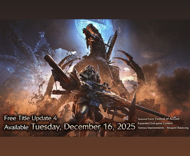 Illustration promotionnelle de Monster Hunter Wilds mettant en avant la mise à jour gratuite 4 qui sortira le 16 décembre 2025, avec l'événement Festival of Accord et d'autres mises à jour (Source d'image : Capcom)