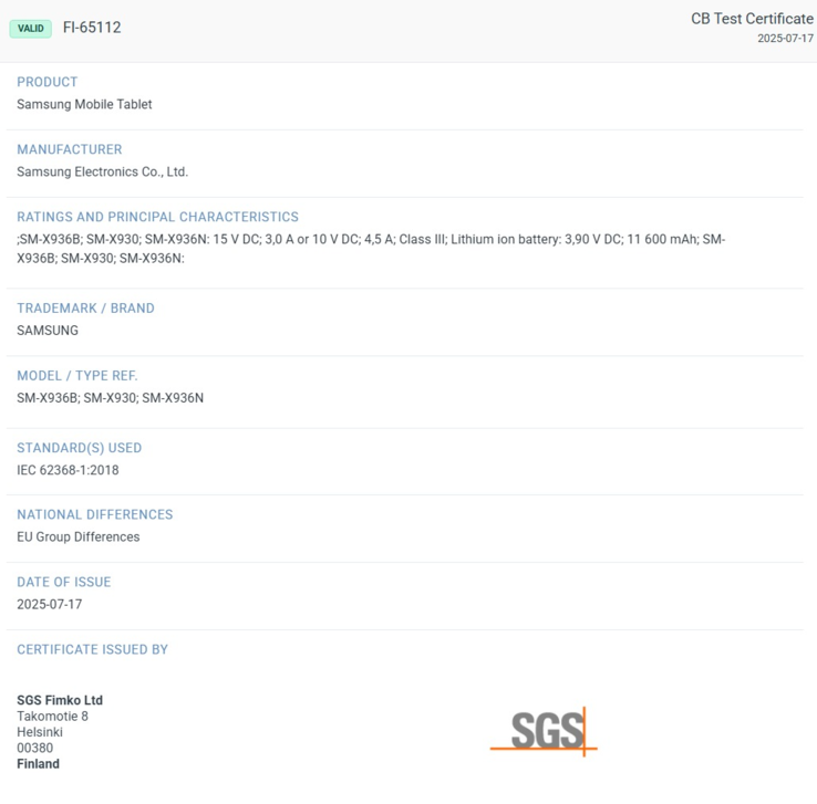 SGS Fimko certifie que la prochaine tablette phare de Samsung utilisera des spécifications de batterie et de charge largement inchangées. (Source : SGS Fimko via XpertPick)