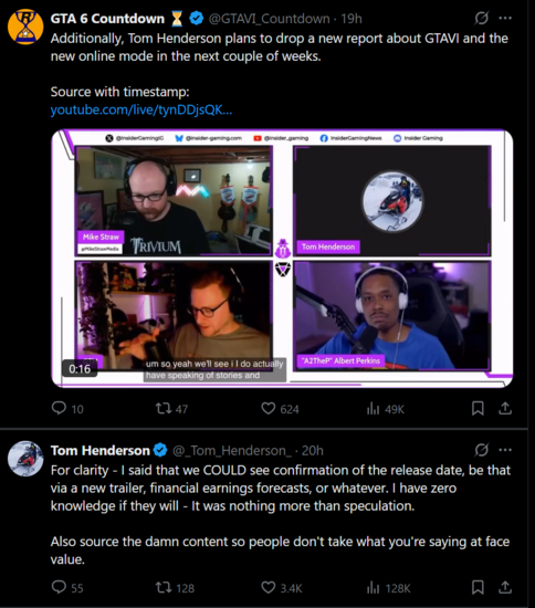 Tom Henderson X répond sur l'actualité de GTA 6 (Source de l'image : capture d'écran, compte X de GTA 6 Countdown, compte X de Tom Henderson)