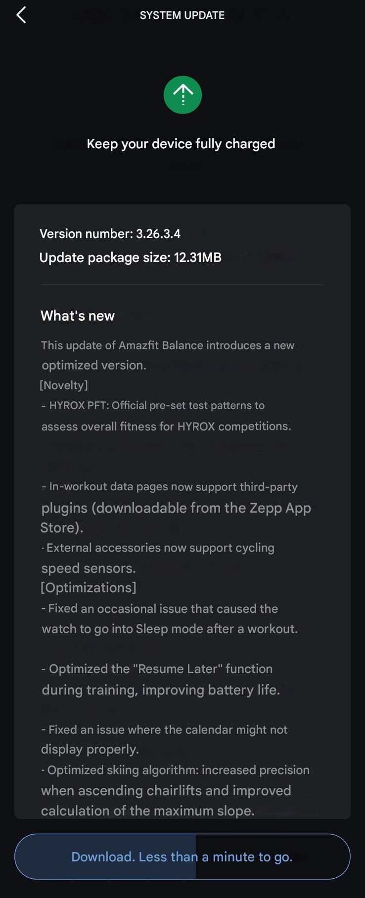 Les notes de mise à jour de la version 3.26.3.4 de la smartwatch Amazfit Balance. (Source de l'image : u/SensitiveClock3479 via Reddit, traduction automatique)